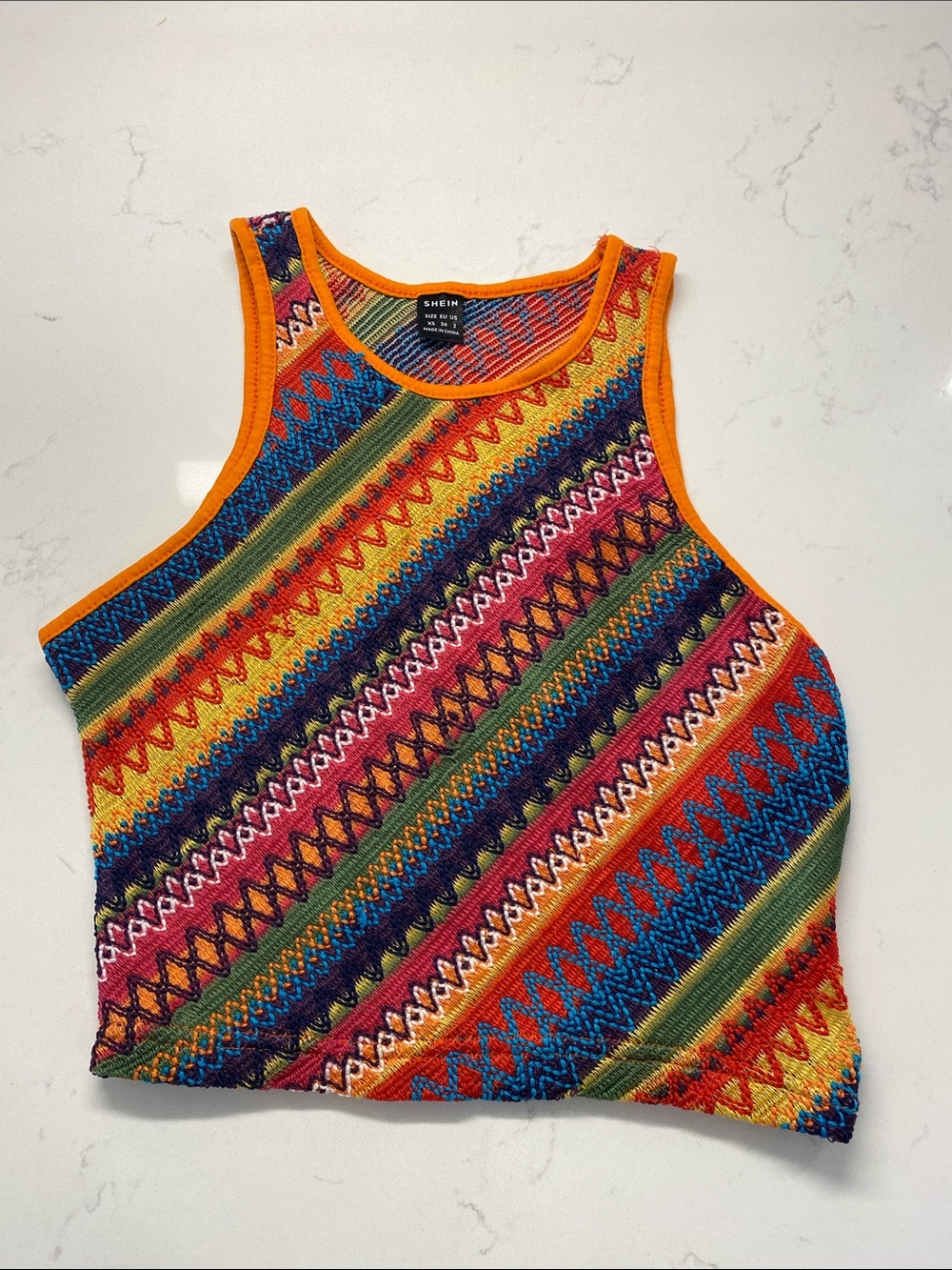 SHEIN Womens XS Knit Crop Top Multi Color Geometric Chevron Boho Cowgirl Tank ✨